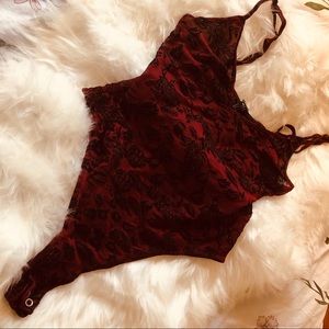 Wine Red Floral Velvet Bodysuit | Small
